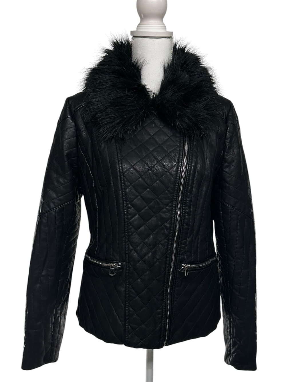 GUESS / Black Faux Leather & Faux Fur Quilted Biker Jacket / Large / Goth Y2K